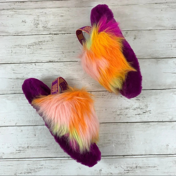 Ugg Fluff Yeah Tie Dye Slides Fluffy Slippers Orange Yellow Purple Logo - Picture 6 of 8